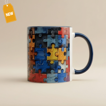 3D Puzzle Mug with blue handle and colorful puzzle piece design
