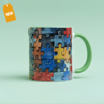 3D Puzzle Mug with green handle and colorful puzzle piece design