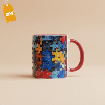 3D Puzzle Mug with red handle and colorful puzzle piece design