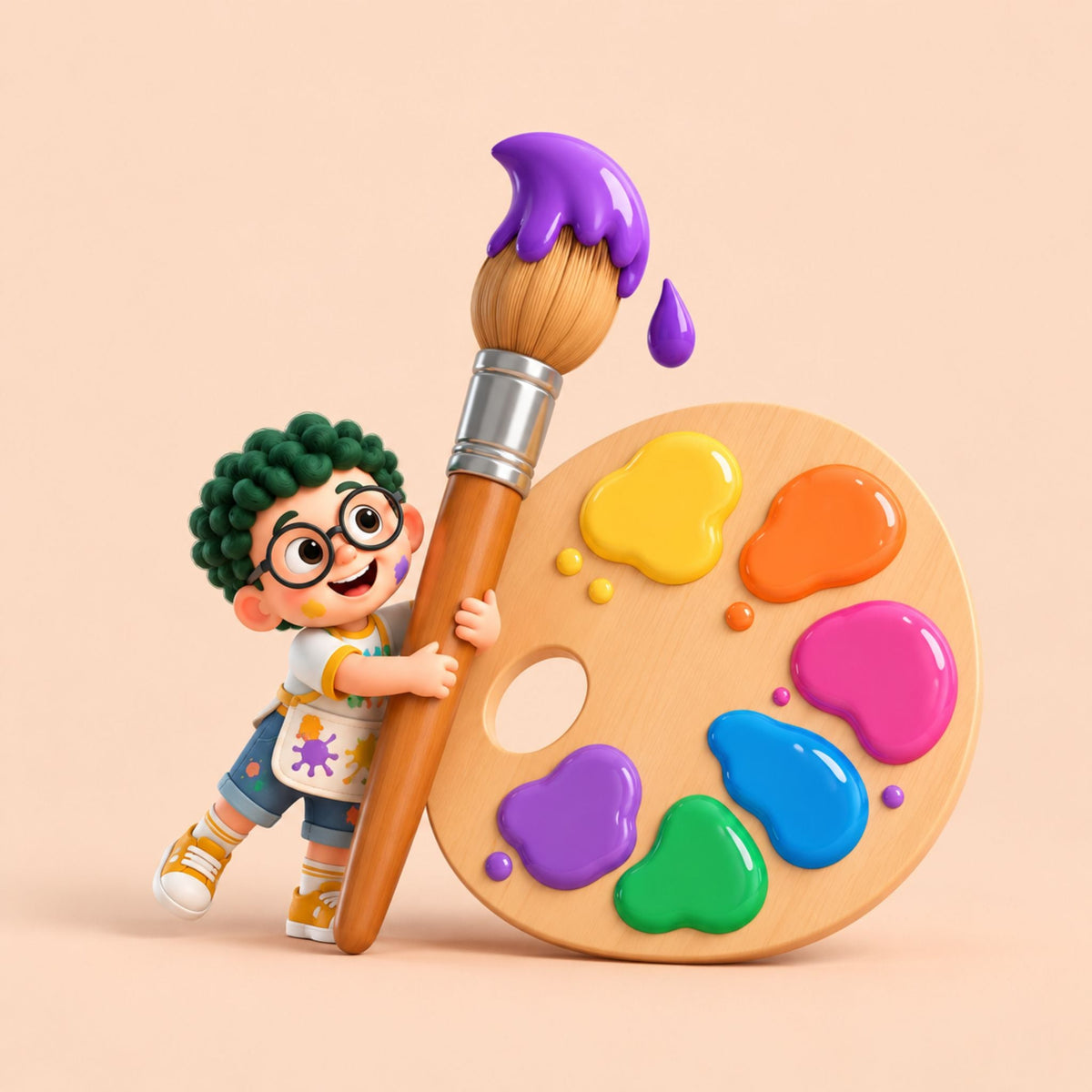 Artie creating art with a giant paint palette and brush in a colorful creative studio.