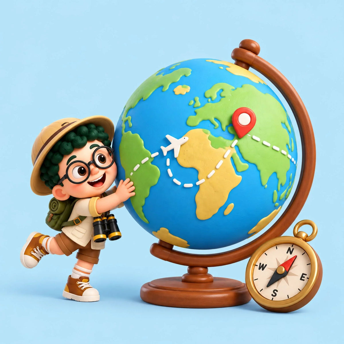 Artie exploring with a giant globe, binoculars and compass on a playful world adventure.