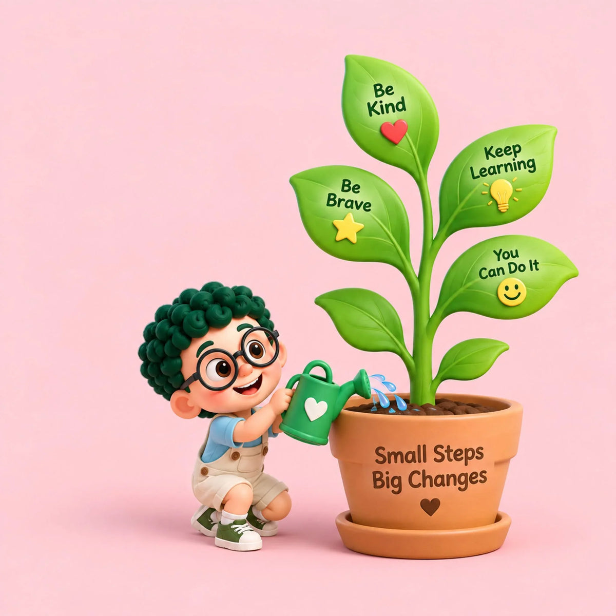 Artie watering a giant plant with leaves representing kindness, bravery, learning and positive growth.