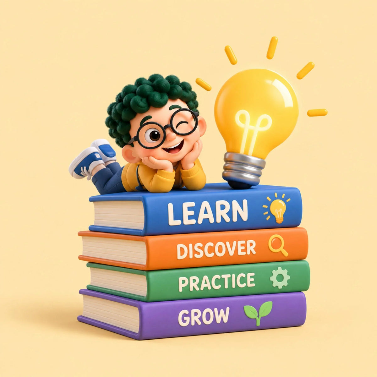 Artie learning with giant books and a glowing light bulb in a playful learning world.