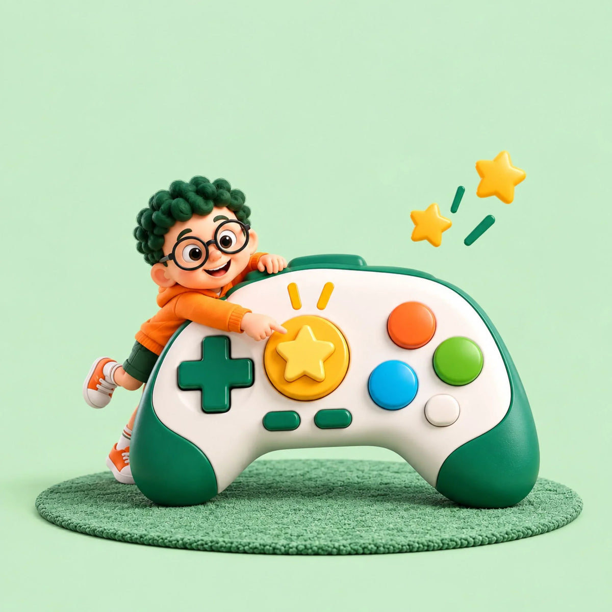 Artie playing with a giant game controller in a colorful playful world with stars and rewards.