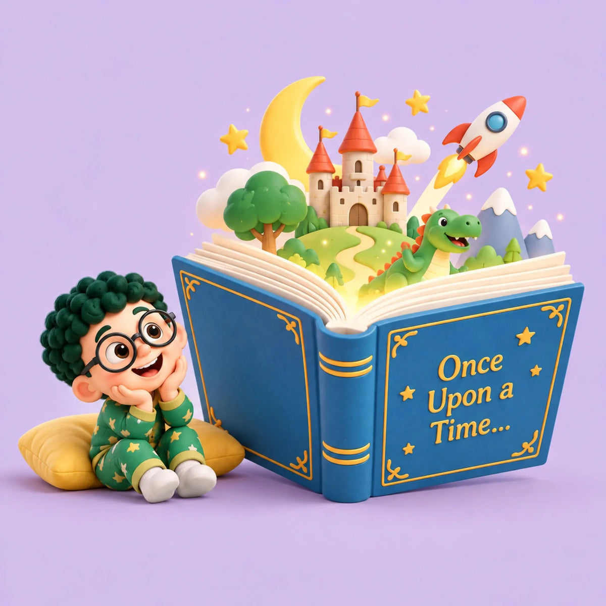 Artie discovering a magical world emerging from a giant storybook with a castle, dragon, stars and rocket.
