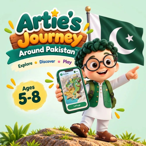Artie in kameez shalwar holding a phone with the Artie’s Journey Around Pakistan app map, Pakistan flag behind, ages 5-8