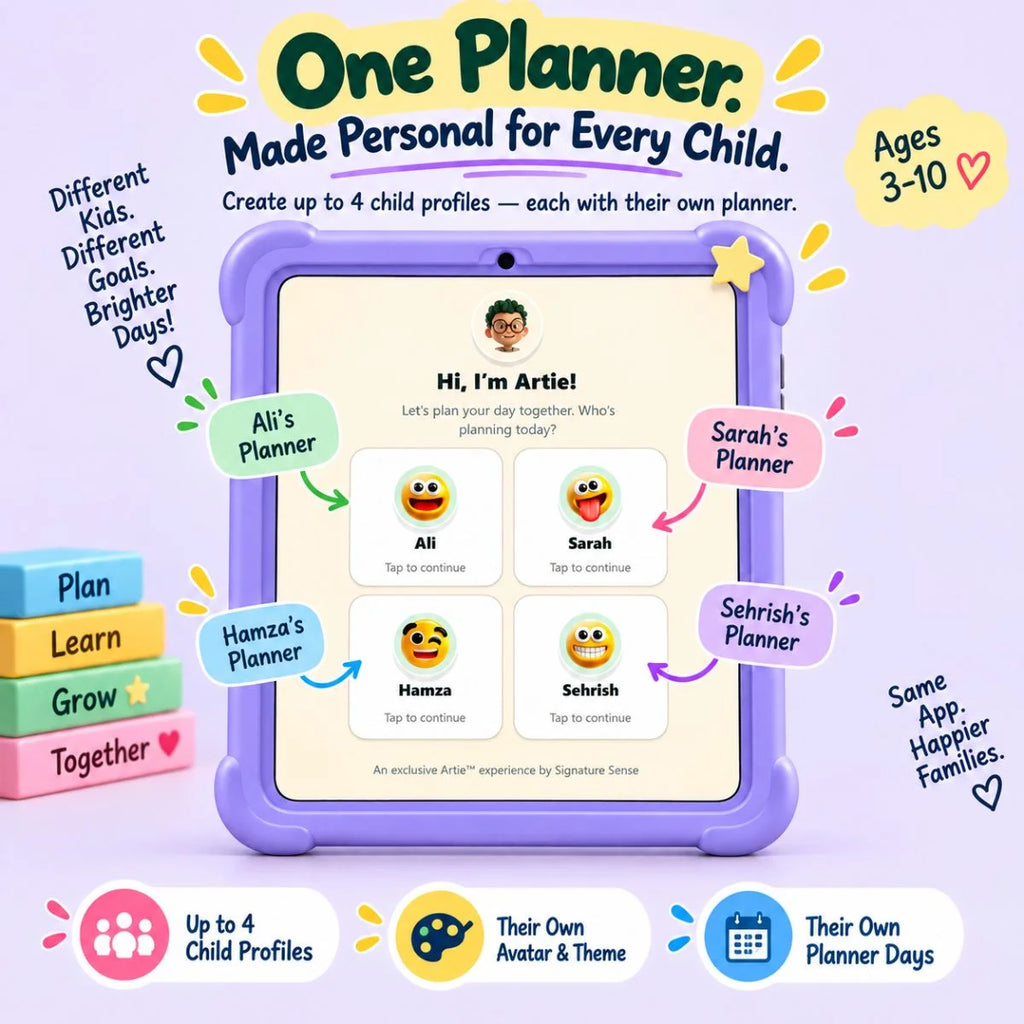 Artie’s Daily Planner with personalized profiles for up to four children
