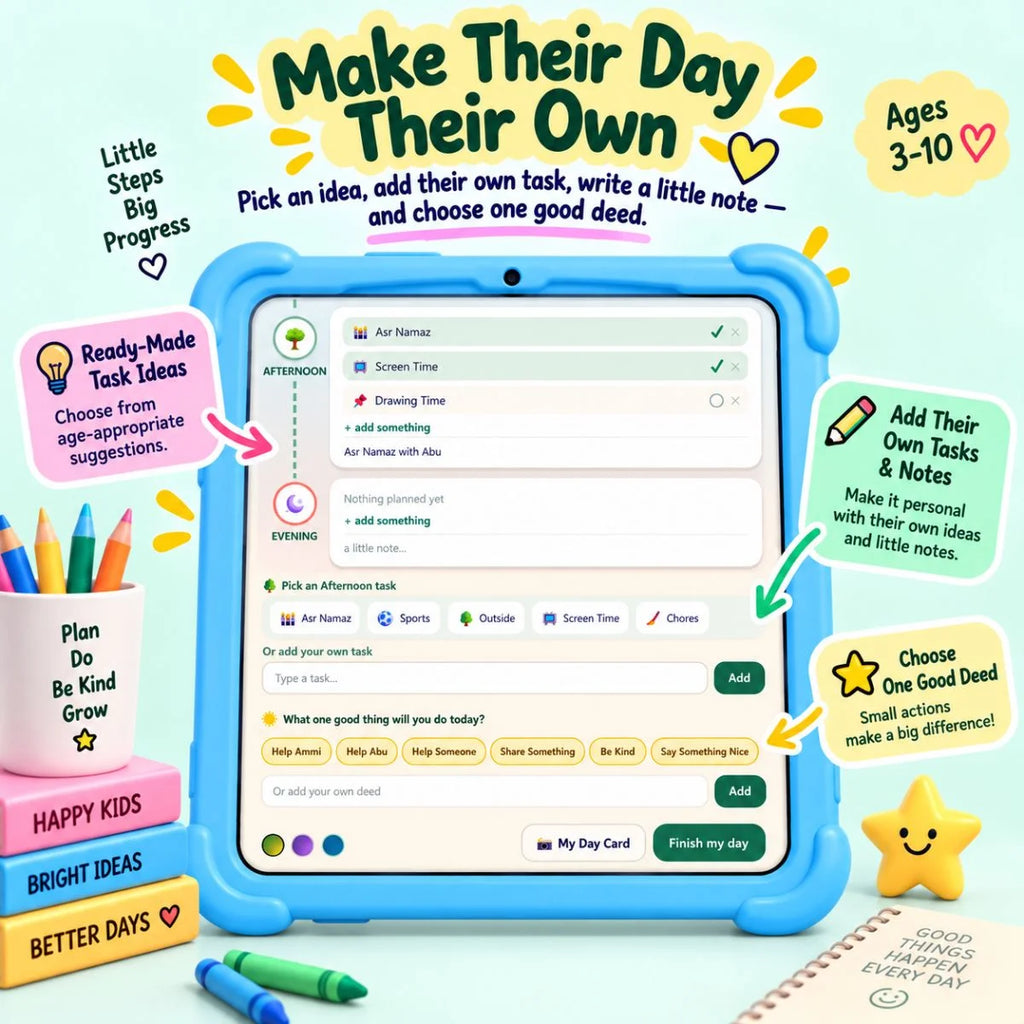 Artie’s Daily Planner with task ideas, custom tasks, little notes and daily Good Deed