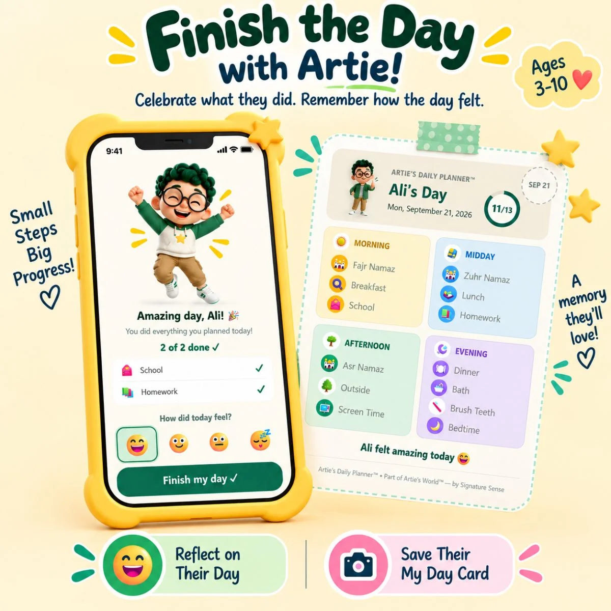 Artie’s Daily Planner Finish My Day reflection and personalized My Day Card for kids