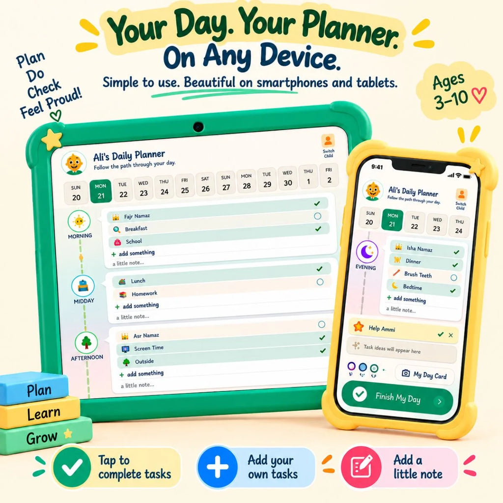 Artie’s Daily Planner shown on smartphone and tablet with interactive daily planning features