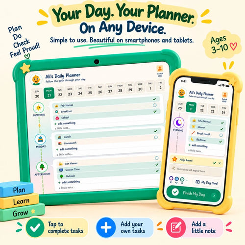 Artie’s Daily Planner shown on smartphone and tablet with interactive daily planning features