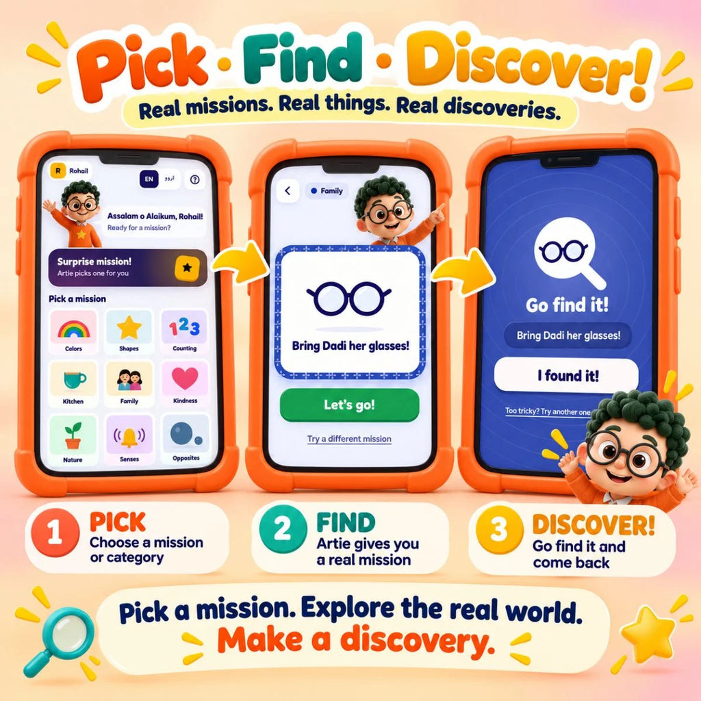 Artie’s Discovery Missions Pick Find Discover experience showing how kids choose a mission and explore the real world