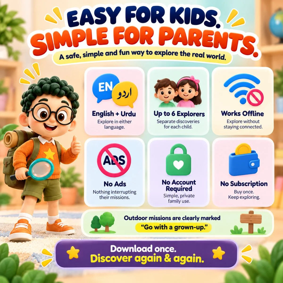 Artie’s Discovery Missions kids experience with English and Urdu, offline play, up to 6 explorers, no ads and no subscription