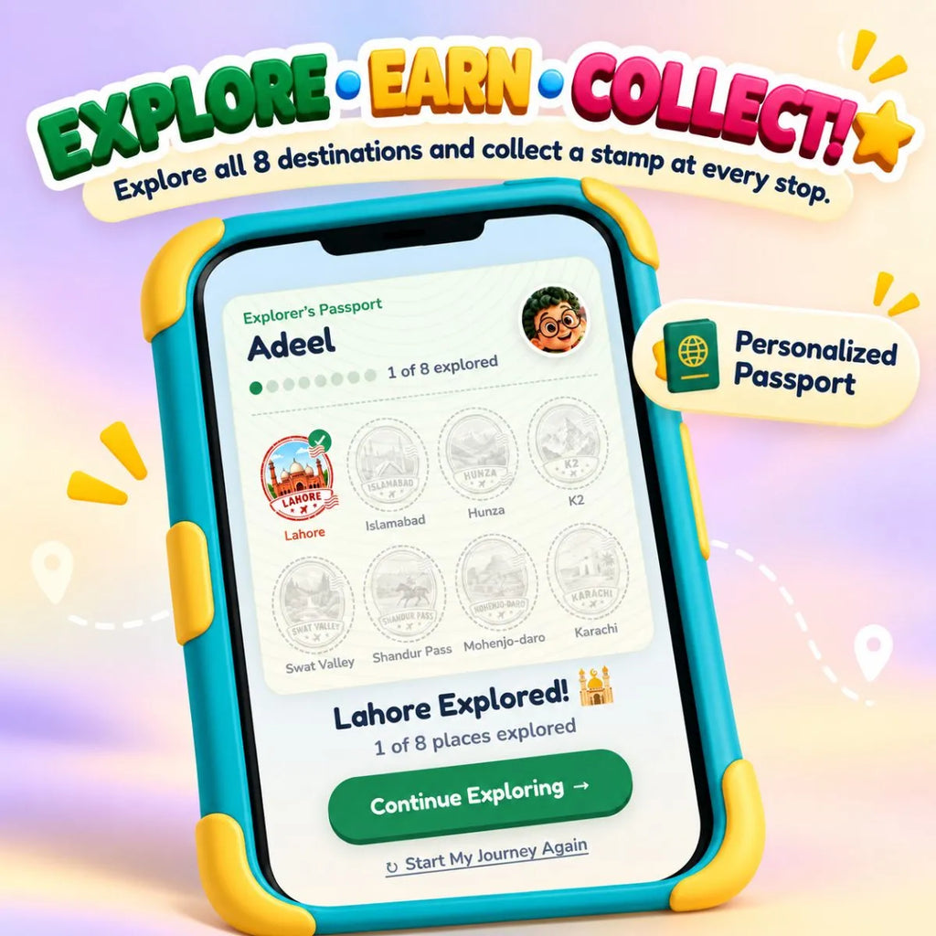 Personalized Explorer’s Passport where kids collect stamps while exploring 8 destinations around Pakistan