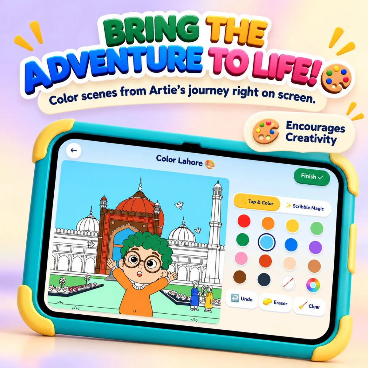 Interactive coloring activity in Artie’s Journey Around Pakistan with Tap and Color and Scribble Magic