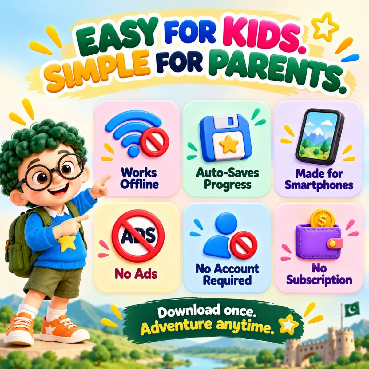 Artie’s Journey Around Pakistan features including offline play, auto-saved progress, no ads, no account and no subscription
