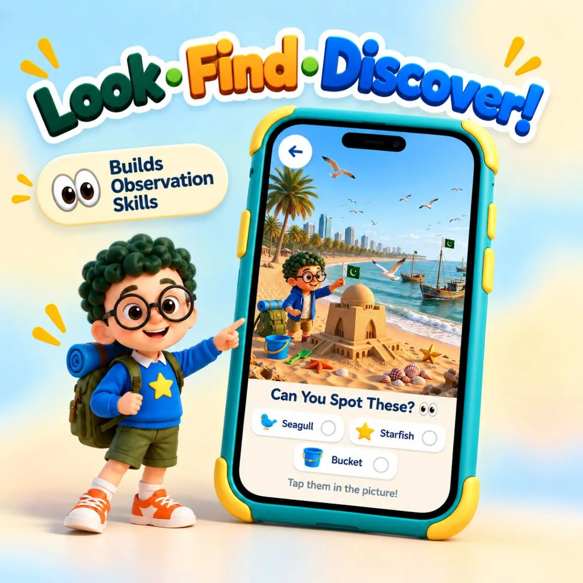 Look and Find activity in Artie’s Journey Around Pakistan designed to build observation skills