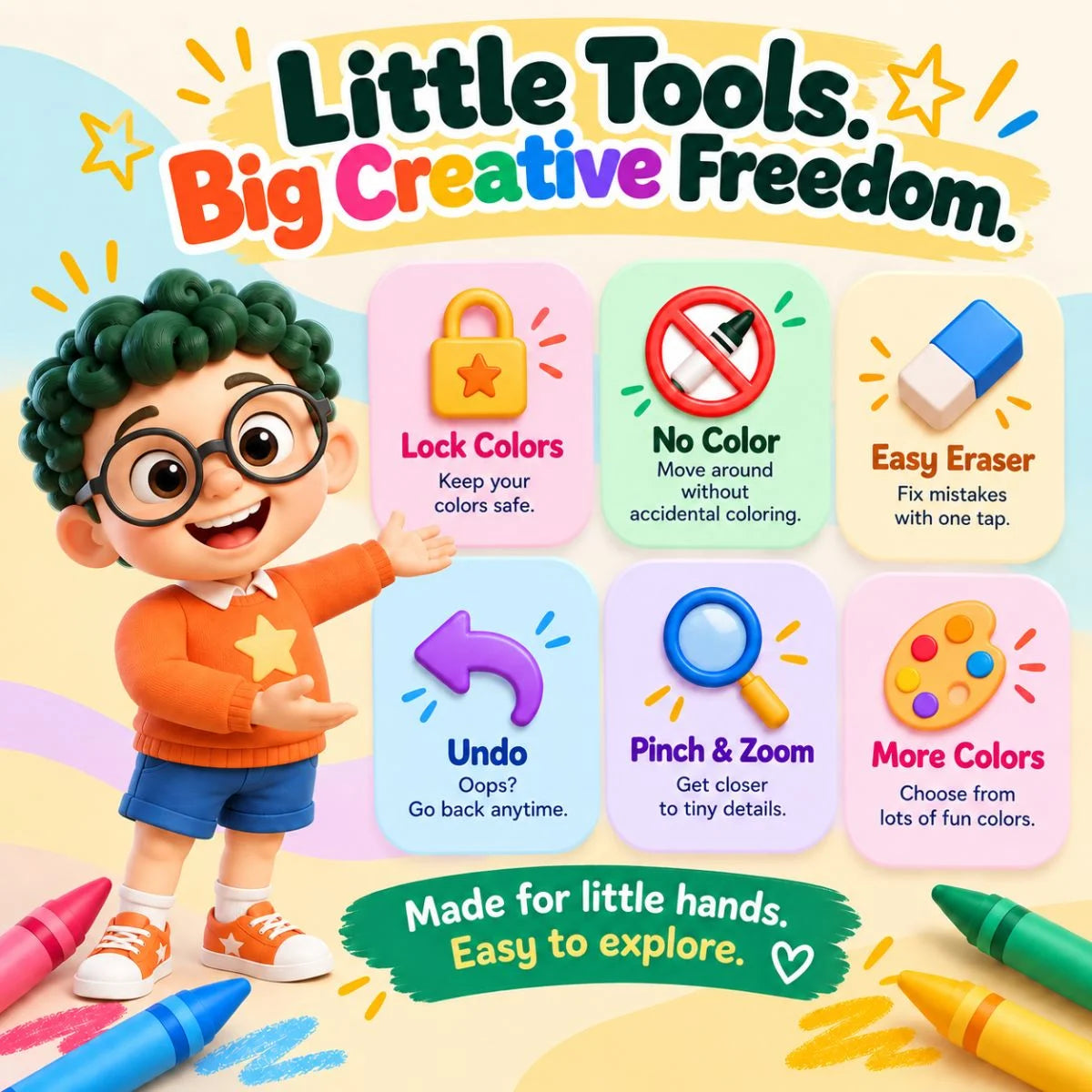 Kid-friendly coloring tools including Lock Colors, Eraser, Undo, Pinch and Zoom and custom colors