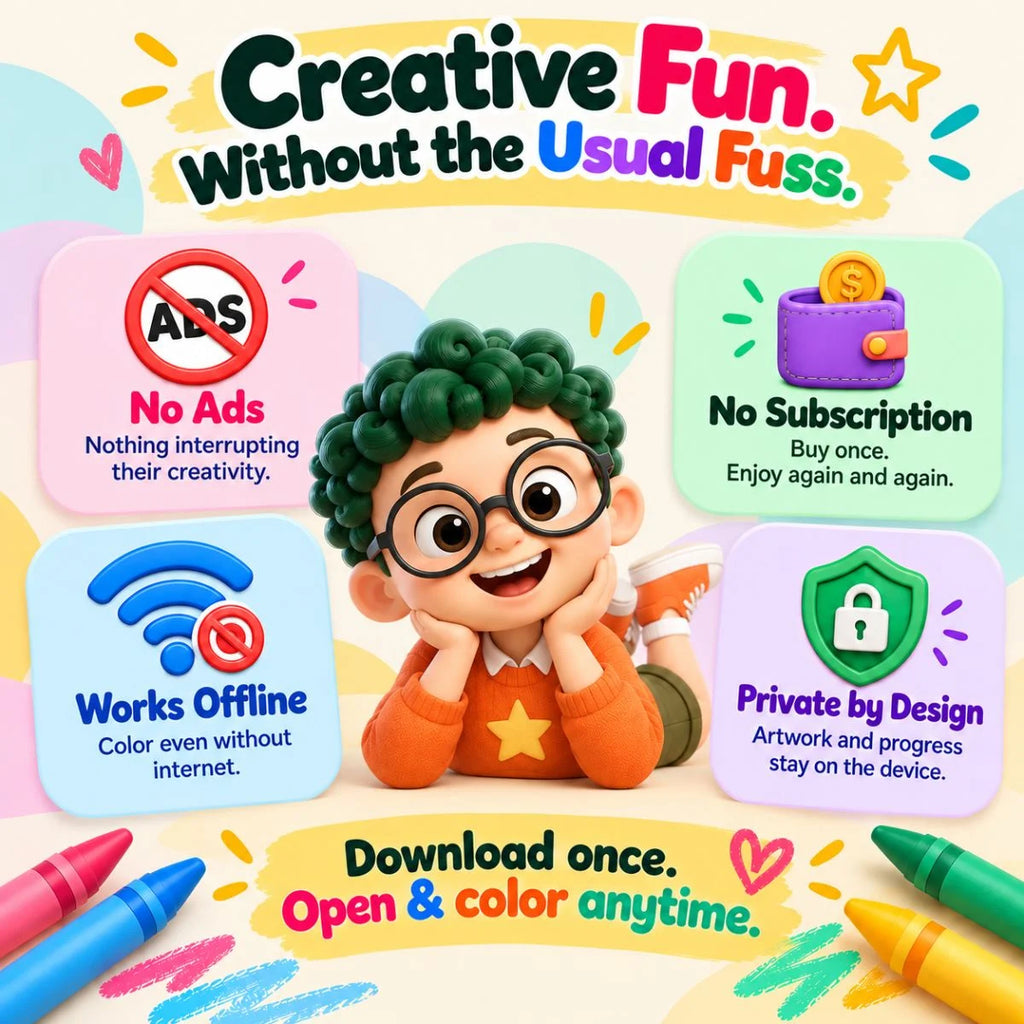 Artie’s Magic Coloring works offline with no ads, no subscription and private local storage