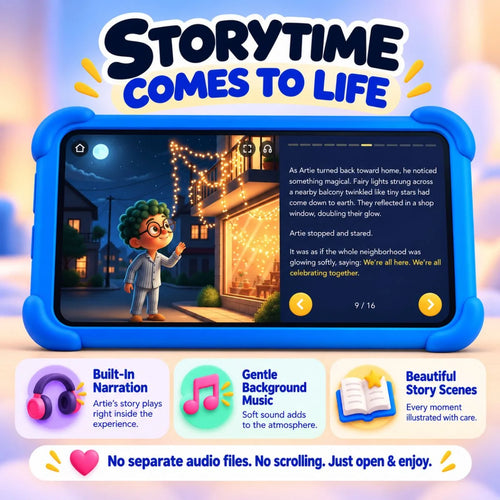 Artie’s Midnight Wonder narrated digital story with gentle background music and illustrated story scenes