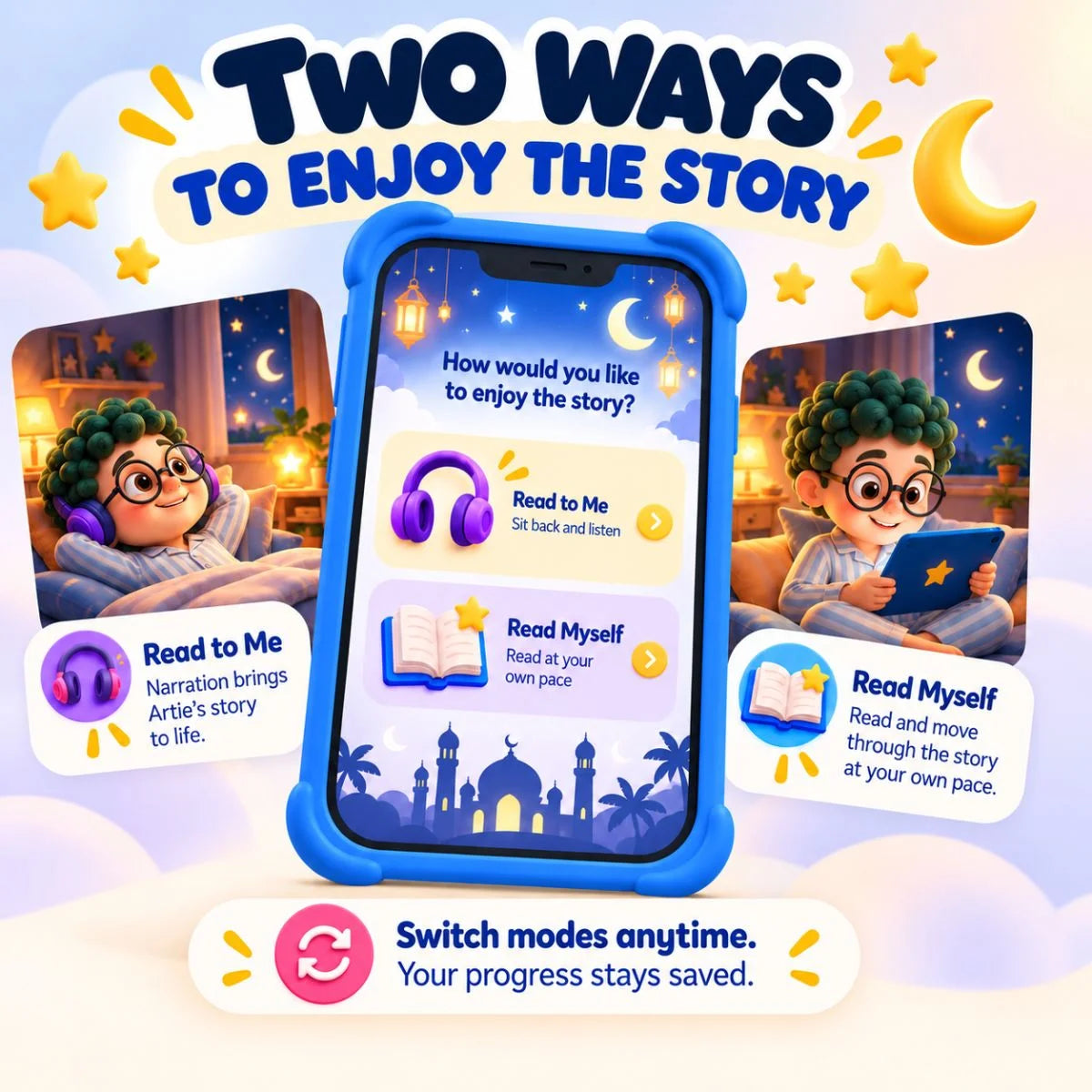 Read to Me and Read Myself modes in Artie’s Midnight Wonder digital story for kids