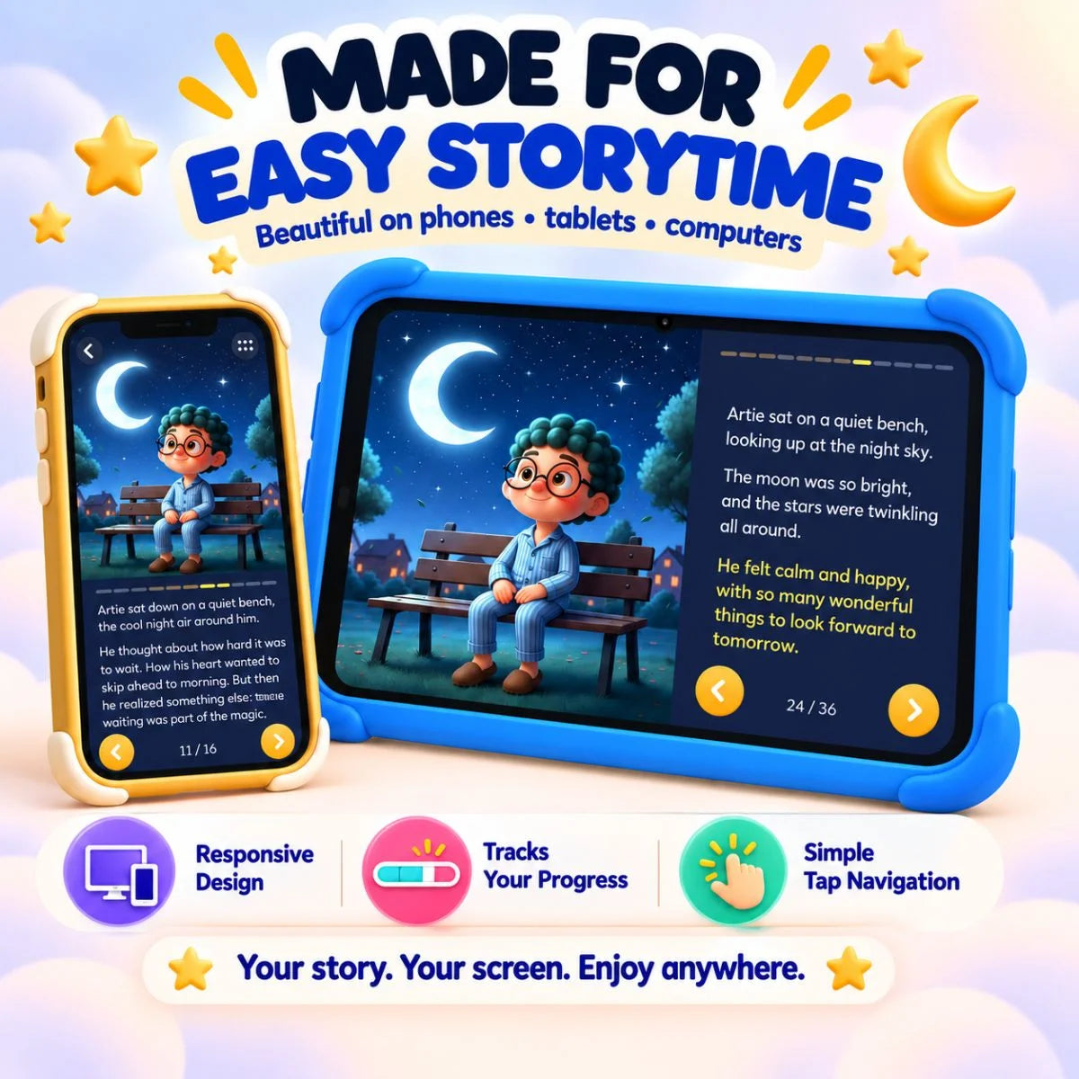 Artie’s Midnight Wonder responsive story experience for smartphones tablets and computers