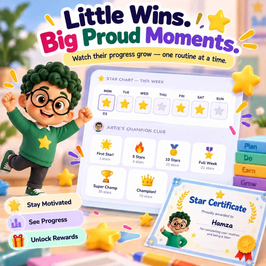 Weekly star chart, achievement milestones and certificates help kids celebrate routine progress