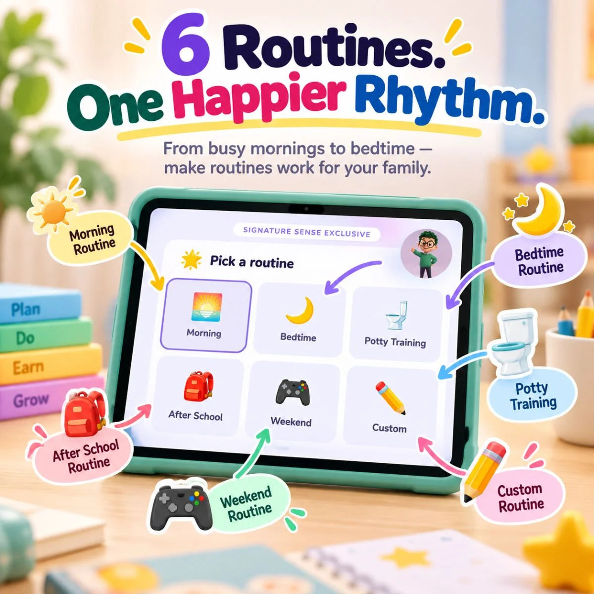 Six kids routines including morning, bedtime, potty training, after school, weekend and custom