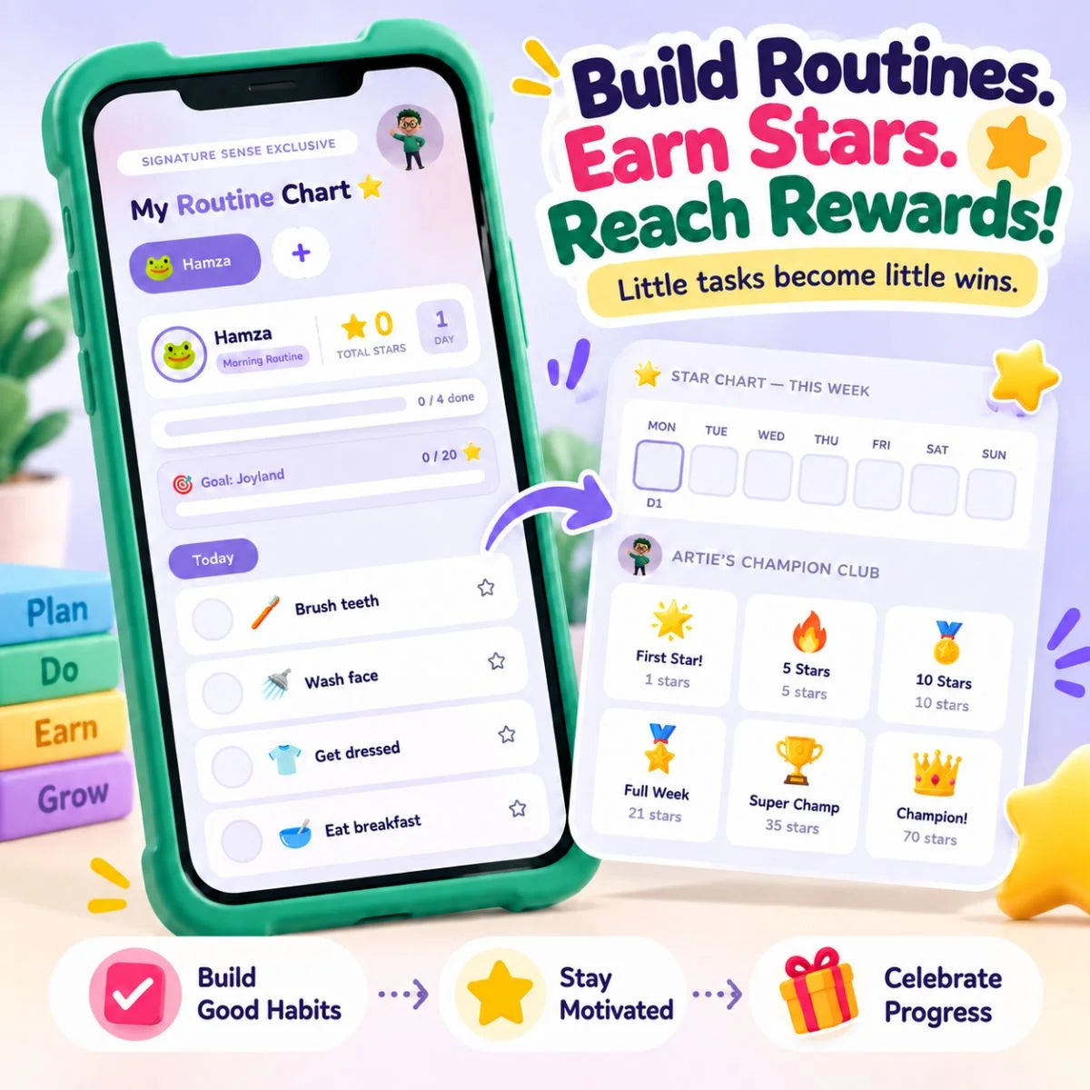 Kids complete routine tasks, earn stars and reach rewards with Artie’s Routine and Reward Chart