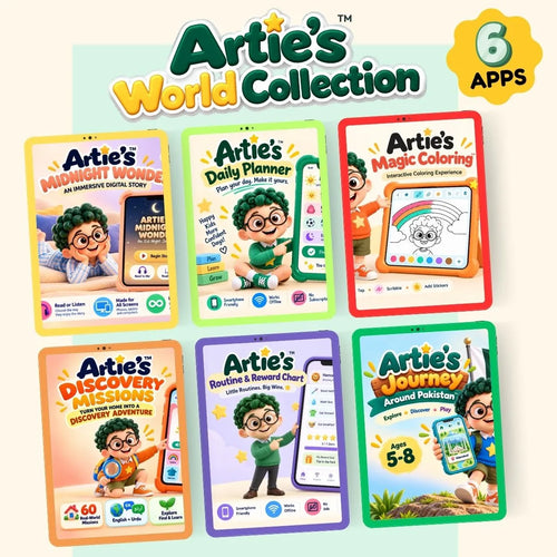 Artie’s World Collection bundle featuring six interactive digital experiences for kids ages 3–10, including planning, coloring, rewards, discovery, exploration and stories.