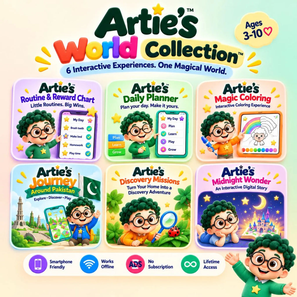 Artie’s World Collection bundle featuring six interactive digital experiences for kids ages 3–10, including planning, coloring, rewards, discovery, exploration and stories.
