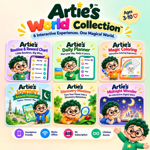 Artie’s World Collection bundle featuring six interactive digital experiences for kids ages 3–10, including planning, coloring, rewards, discovery, exploration and stories.