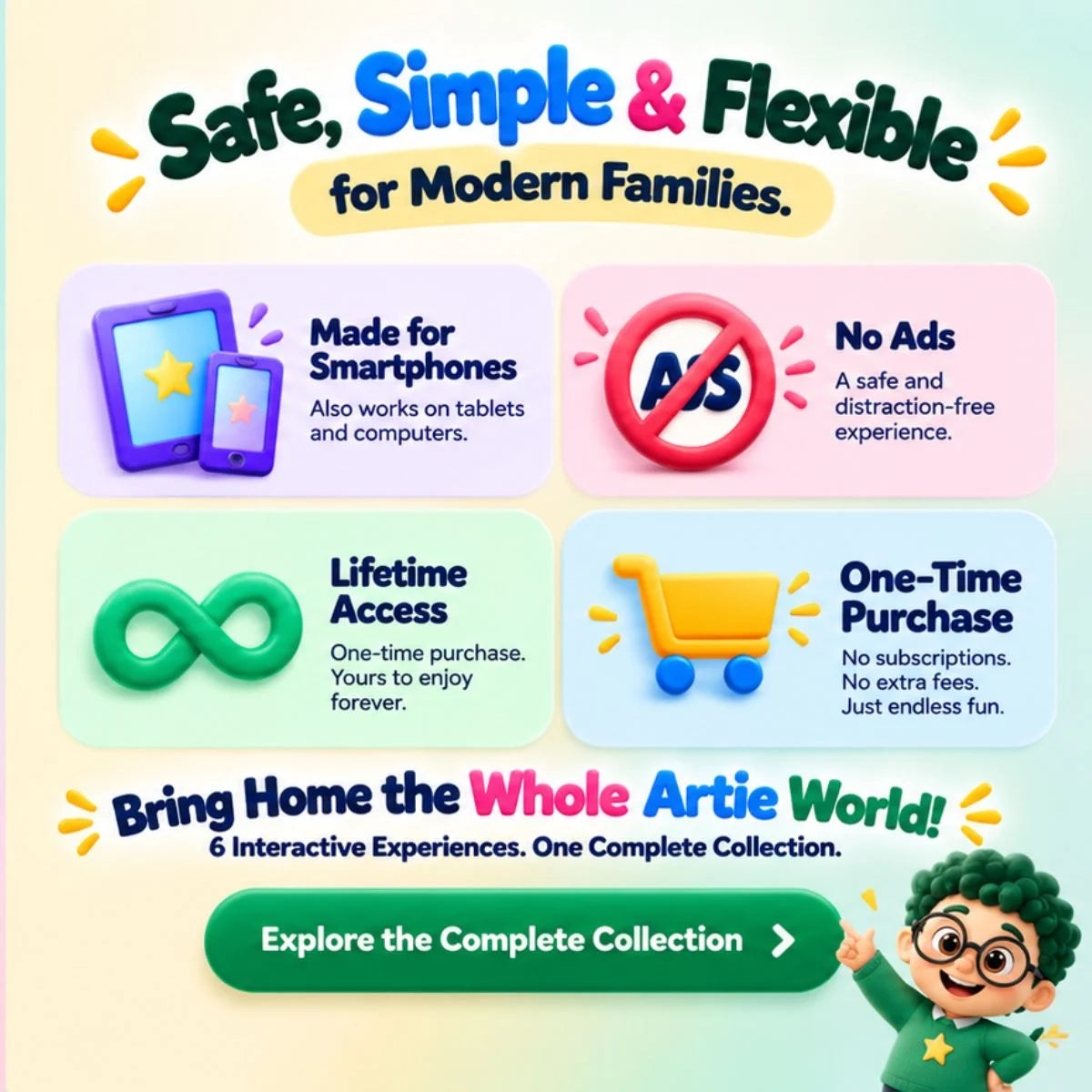 Artie’s World Collection digital kids bundle highlighting easy access, family-friendly experiences, one-time purchase and lifetime use.